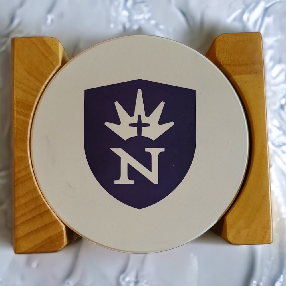 4 Set Round Absorbent Stone Coasters Wood Stand Northwestern College Christian